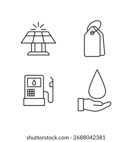 Colección de cuatro iconos de conservación de agua, combustible y energía solar de estilo de línea simple Vector.