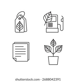 Colección de cuatro Vectores de documentación ecológica de estilo de línea simple e íconos de plantación.