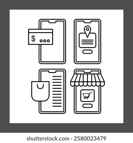 A collection of four simple line-art illustrations depict different mobile phone applications, each representing a distinct online service