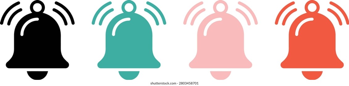 A collection of four simple ringing bell notification icons in black, teal, pink, and orange colors. These flat vector symbols are perfect for web and app user interface design, isolated on a white background.