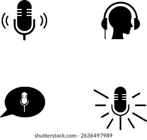 Collection of four simple silhouette icons related to audio and podcasting.  These include a microphone, sound waves, headphones, and a speech bubble.  The icons are isolated on a white background, 