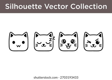 A collection of four simple, stylized cat face icons with different expressions.