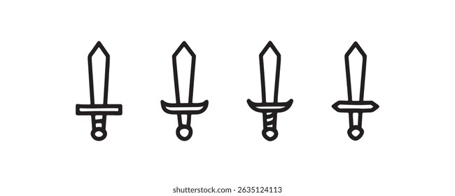 Coleção de quatro ícones de espada simples com desenhos de alças variadas.