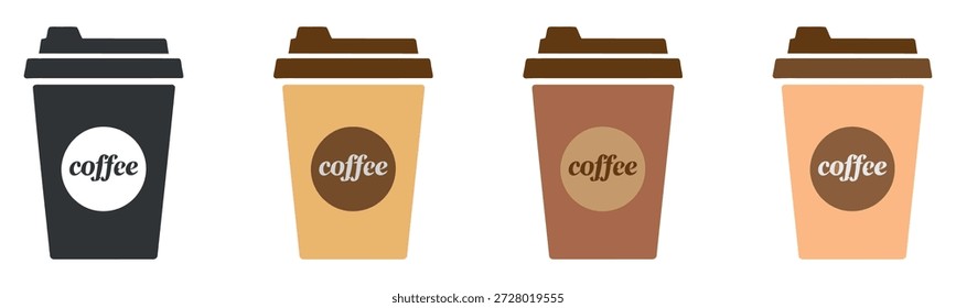 Colección de cuatro sencillas tazas de café para llevar con tapas y texto 'coffee'