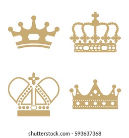 A collection of four simple vector crowns isolated on a flat color background.