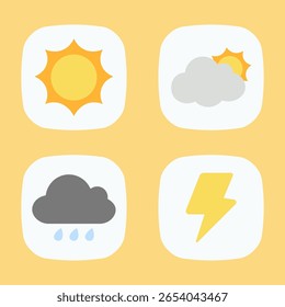 Una colección de cuatro íconos simples de la condición del Clima: sol, parcialmente nublado, lluvia, y relámpago. Elementos gráficos planos del Vector del diseño aislados en un fondo amarillo para el uso del App o del Web