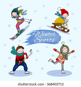 Collection of four simple winter sport activity characters, hand drawn vector illustration