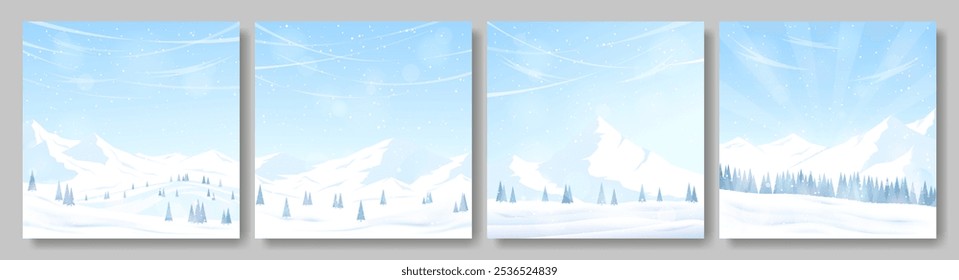 A collection of four snowy backgrounds. Mountains and valleys covered with snow, frosty sunny day. Blizzard, snowfall. The concept of tourism, mountain hikes. Vector images.