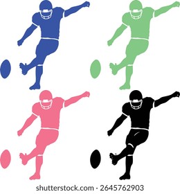 A collection of four soccer players kicking a football, presented as colorful silhouettes against a clean white background. This vector graphic offers versatility for sporting