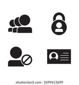 Collection of four solid icons for group, security, banning, and identification.