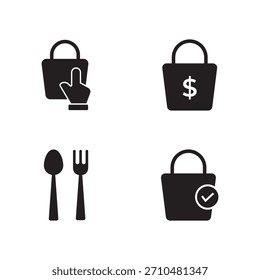 Coleção de quatro ícones sólidos para compras, dinheiro, comida e confirmação de compra.