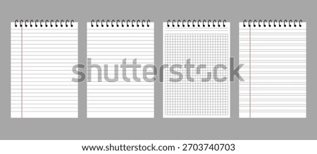 Collection of four spiral notebook pages with various paper styles, including wide ruled, narrow ruled, grid, and lined, excellent for school projects, note-taking concepts, and stationery