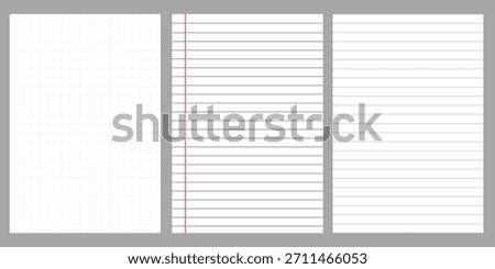Collection of four spiral notebook pages with various paper styles, including wide ruled, narrow ruled, grid, and lined, excellent for school projects, note-taking concepts, and stationery


