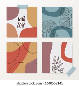 Collection of four square design templates with abstract shapes and botanical elements. Trendy and feminine social media posts, newsletter design in pastel colors.