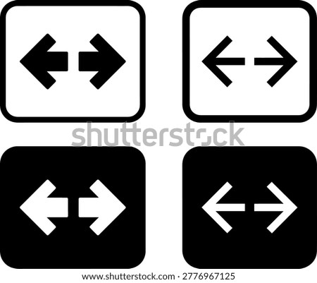 A collection of four square icons featuring horizontal arrows pointing in opposite directions, presented in both solid black and outline styles.