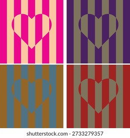 Una colección de cuatro paneles cuadrados, cada uno mostrando una forma de corazón central contra un patrón de rayas de Vertical de color distintivo.