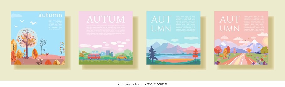 A collection of four square vector posters, each depicting an autumn-themed illustration. The designs include landscapes, foliage, and seasonal elements in a flat, pastel-toned style, perfect for soci