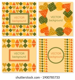 A collection of four square yellow backgrounds with colored geometric shapes and space for an inscription. Graphics in invitation design, covers, packaging, posters, tags