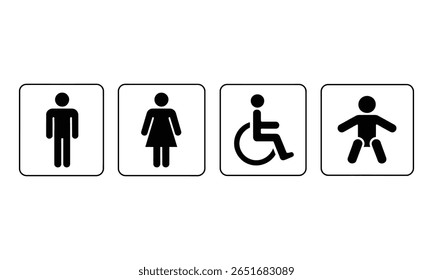 Collection of four square-shaped gender icons featuring male, female, wheelchair accessibility, and baby symbols in a simple black-and-white design.