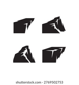 A collection of four striking black and white mountain or rock formation silhouettes showcasing rugged beauty and powerful natural forms ideal for adventure themed designs.
