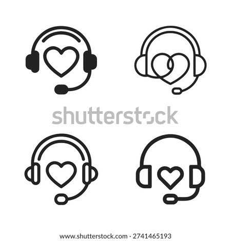 A collection of four stylised headset icons with a heart symbolising care, love, or support.