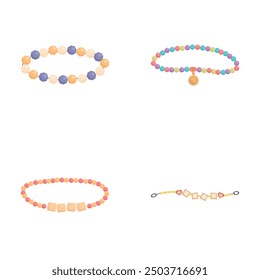 Collection of four stylish beaded bracelets with different colors and charms, isolated on white