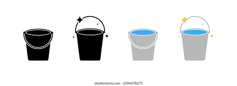 Collection of four stylish bucket icons with water and sparkles. Vector icon
