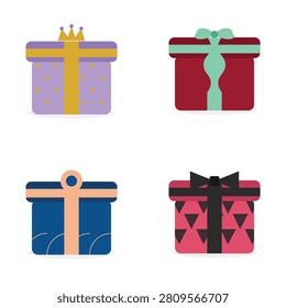 A collection of four stylish gift boxes in vibrant colors: purple, red, blue, and pink. Each box features unique decorative ribbons and bows, perfect for various occasions and festive presentations. Clean, modern vector design ideal for holiday, celebration, and commercial use.