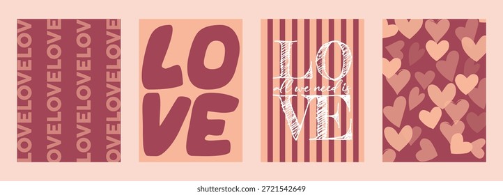 Eine Kollektion von vier stylischen vertikalen Designs mit Herzmustern, Streifen und "LOVE"-Zitaten in einer warmen Palette aus Maroon und Rosa.