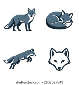 A collection of four stylized arctic fox illustrations featuring a standing pose sleeping curled up jumping action and a minimalist head portrait logo design.
