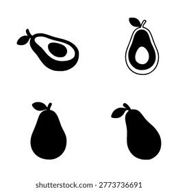 A collection of four stylized avocado icons in black and white. Two show whole avocados, one is halved revealing the pit, and another is a silhouette.