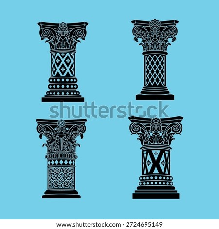 Collection of four stylized black Corinthian column capitals with intricate patterns against a vibrant blue background. Ideal for architectural, historical, or decorative design projects.