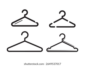 A collection of four stylized black outline clothing hangers, each with a unique design, presented cleanly isolated on a white background. Ideal for fashion or organization concepts.