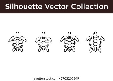 Una colección de cuatro estilizadas siluetas de tortugas marinas en blanco y negro, presentadas sobre un fondo blanco limpio.