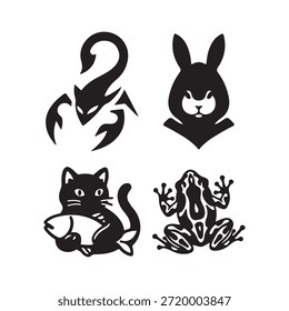 Eine Sammlung von vier stilisierten schwarz-weißen Tierillustrationen mit einer Skorpion-Kaninchenkatze und einem Frosch