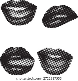 Colección de cuatro ilustraciones estilizadas de labios en blanco y negro renderizadas en un estilo gráfico de patrón de puntos de semitono distinto