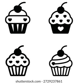 Coleção de quatro ícones de cupcake estilizados em preto e branco com coberturas de cereja e formas de coração, perfeitos para cozimento, sobremesa ou desenhos de celebração.