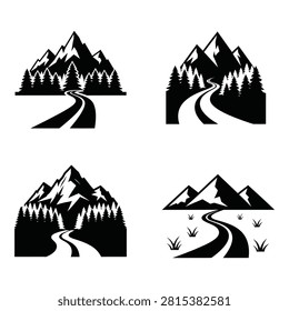 A collection of four stylized black and white mountain icons featuring winding roads through pine forests and meadows. Perfect for travel branding or nature logos.