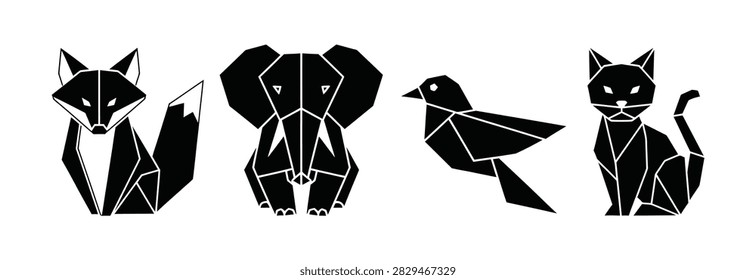 A collection of four stylized black and white geometric animal figures including a fox, elephant, bird, and cat, designed in a modern origami art style.