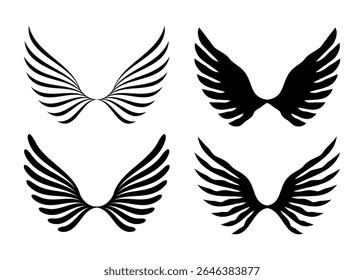 Collection of four stylized black wing designs featuring curved feathers and a central connection point