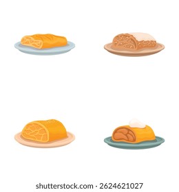 Collection of four stylized bread types on plates, ideal for bakery menus or food graphics