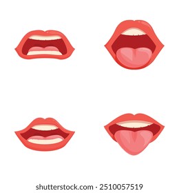 Collection of four stylized cartoon lips showcasing different expressions and emotions