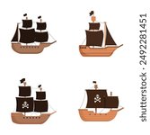 Collection of four stylized cartoon pirate ships illustrating different sails and flags, with a skull and crossbones