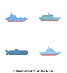 Collection of four stylized cartoon ships and submarine, perfect for military or transport graphics