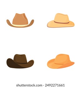 Collection of four stylized cowboy hats in various colors, isolated on white background