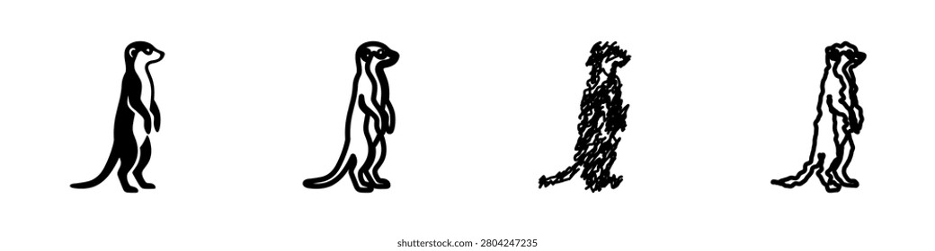 A collection of four stylized drawings depicting a meerkat in various artistic interpretations, all standing alert on a plain white backdrop
