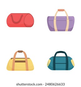 Collection of four stylized duffle bags in various colors, ideal for travelrelated designs