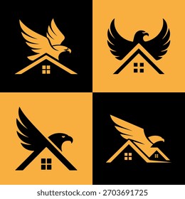 Coleção de quatro logotipos estilizados de águia e casa que representam conceitos imobiliários e de segurança