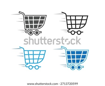 A collection of four stylized, fast-moving shopping cart icons presented in different styles (outline, filled, color variations) to represent quick delivery or rapid online purchasing services. Isolat