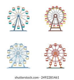 Collection of four stylized ferris wheels with various color schemes